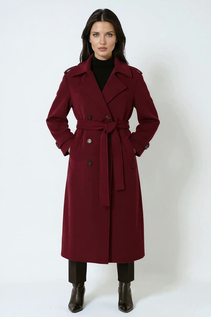 Dames Winterjas Lange Bourgogne Kleur met Ceintuur en Dubbele Knopen → Dames Winterjas Lang Dubbele Knopen Bourgogne Kleur