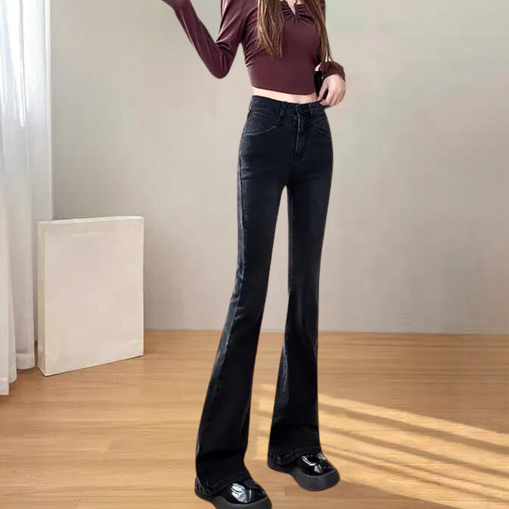 Dames Hoge Broek Zwart Flared Model Elegante Stijl