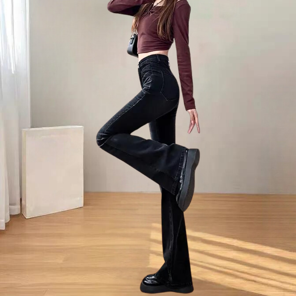 Dames Hoge Broek Zwart Flared Model Elegante Stijl