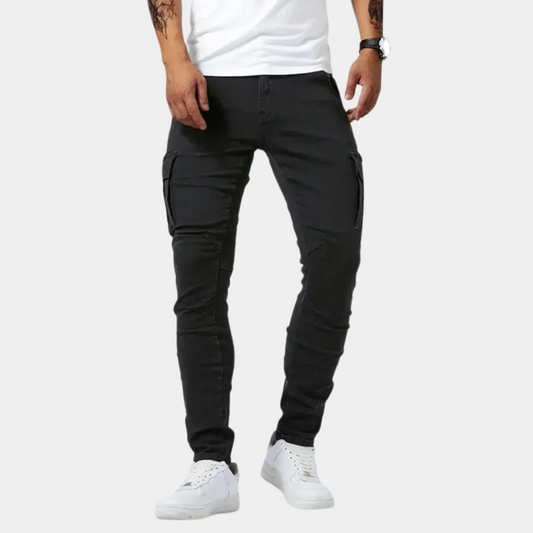 Heren Jeans Slim Fit Zwart Cargo Stijlvolle Broek - StudioMarella