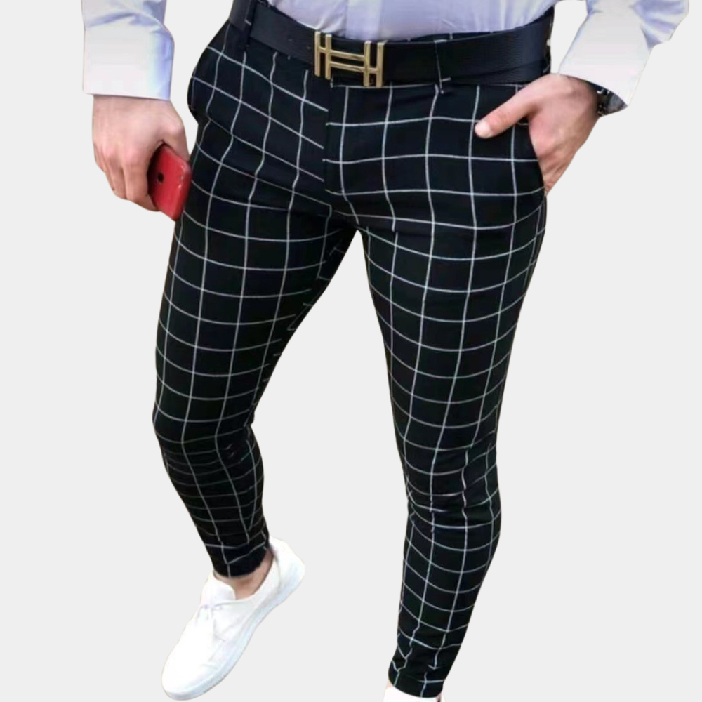 Heren Slimfit Geruite Broek Zwart Grijs