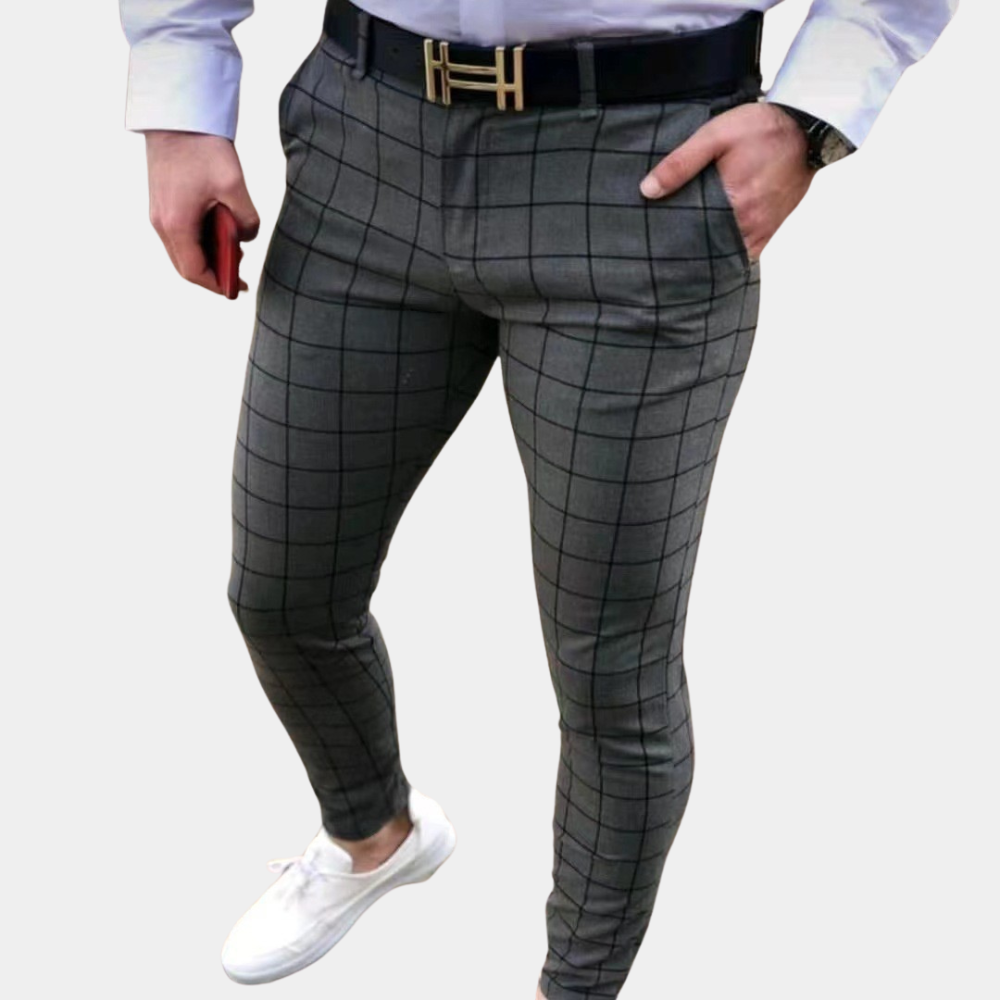 Heren Slimfit Geruite Broek Zwart Grijs