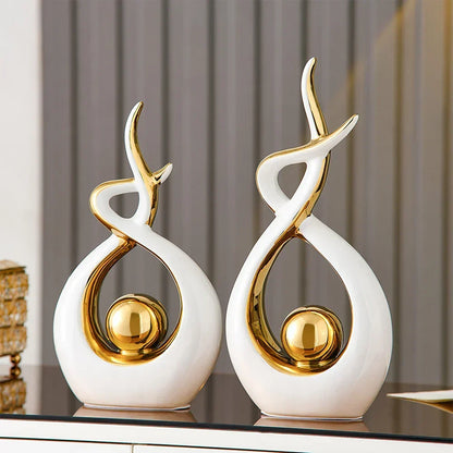Decoratieve Sculptuur Keramiek Goud Groen Abstract 31cm Woonkamer Tafel Beeld Modern Kunstobject Interieur Decoratie