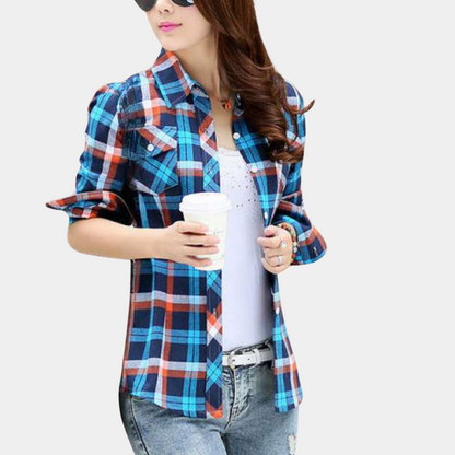 Dames Blouse Geruit Katoen Overhemd Stijl