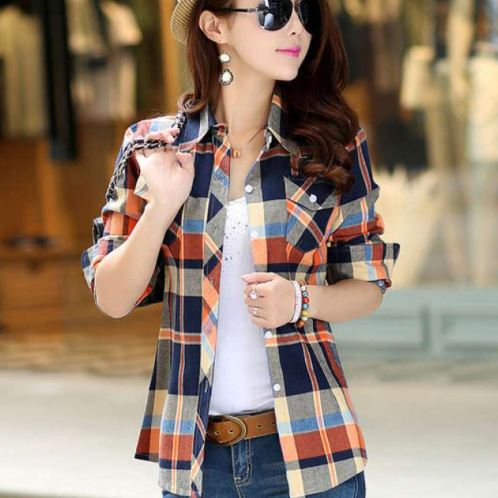 Dames Blouse Geruit Katoen Overhemd Stijl