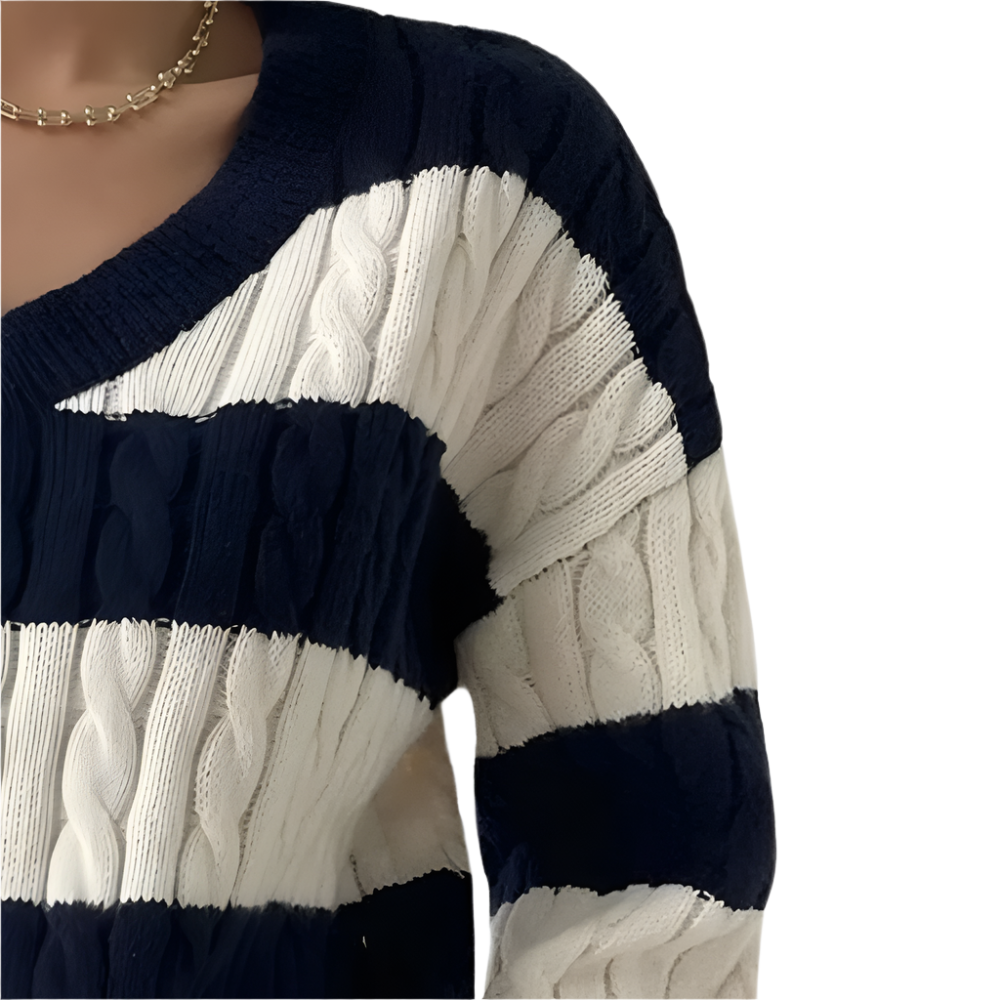 Kabeltrui Vrouw Brede Strepen Gebreid Model