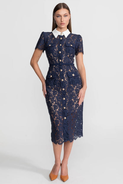Bloemenkant Jurk Dames Marineblauw Met Kraag en Ceintuur - StudioMarella