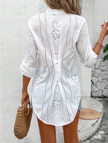 Dames Blouse met Geborduurd Bloemen en Oogjespatroon