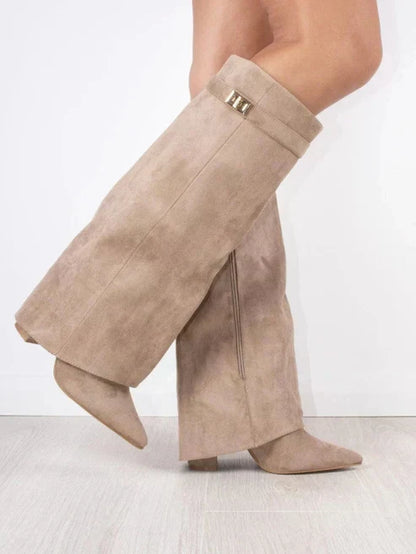 Dames Laarzen met Klapmouw 8,5 cm Blokhak Zacht Gevoerd 42 Zwart Beige Bruin