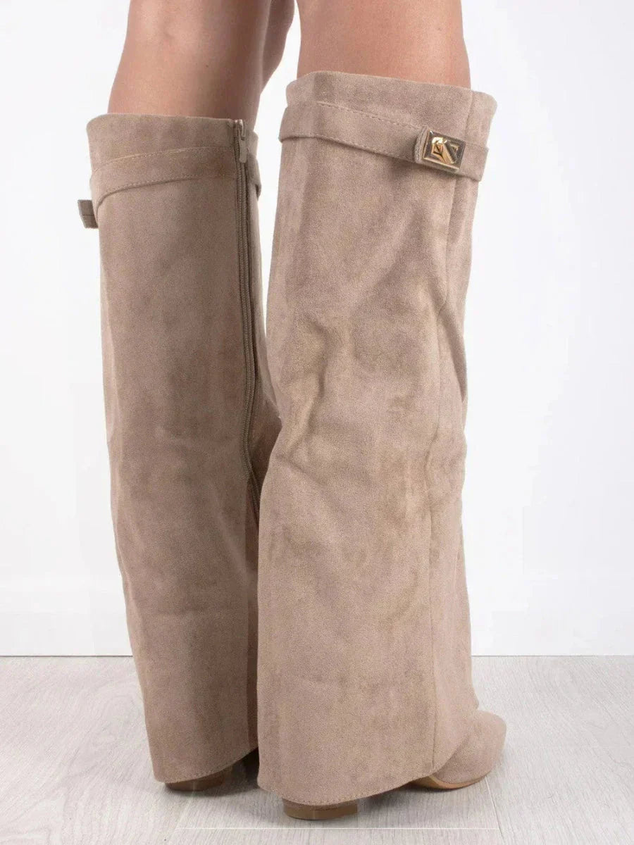Dames Laarzen met Klapmouw 8,5 cm Blokhak Zacht Gevoerd 42 Zwart Beige Bruin