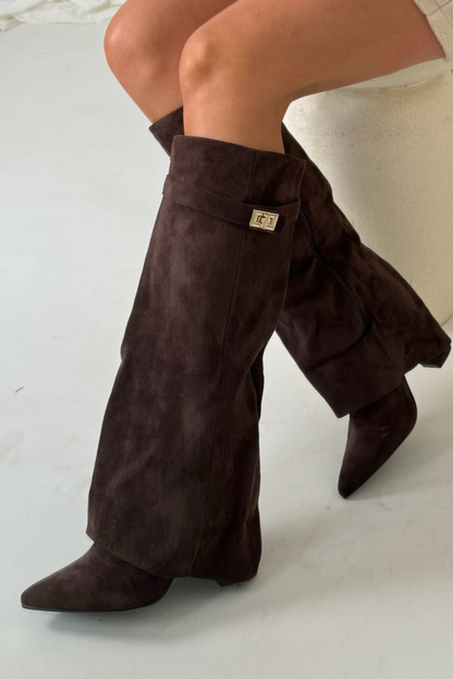 Dames Laarzen met Klapmouw 8,5 cm Blokhak Zacht Gevoerd 42 Zwart Beige Bruin