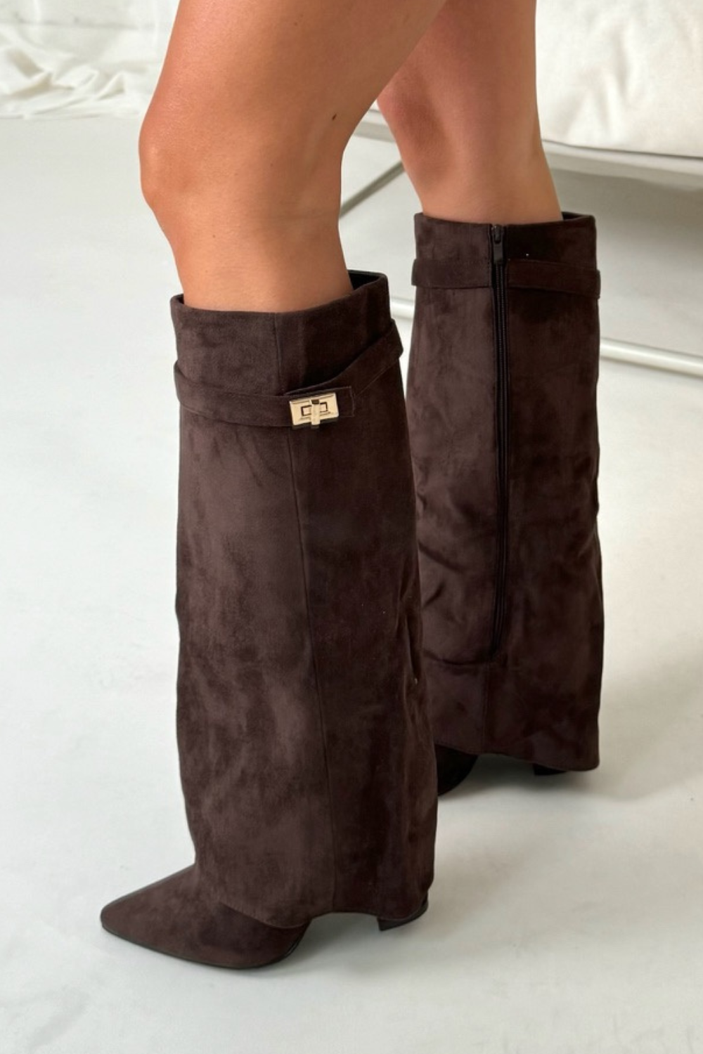 Dames Laarzen met Klapmouw 8,5 cm Blokhak Zacht Gevoerd 42 Zwart Beige Bruin
