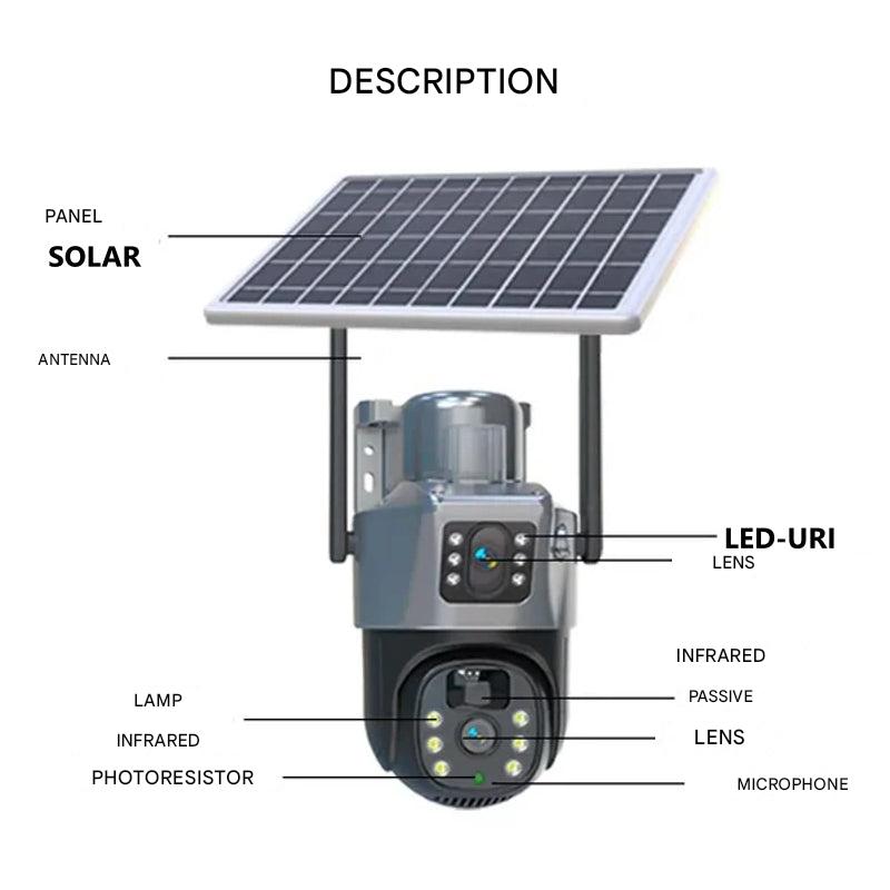 Draadloze 4K Beveiligingscamera met Zonnepaneel Dual-Lens 10x Zoom 360° Draaibaar WiFi 4G Nachtzicht Bewegingsdetectie Waterdicht IP66 Buiten Security Camera Tuinbeveiliging