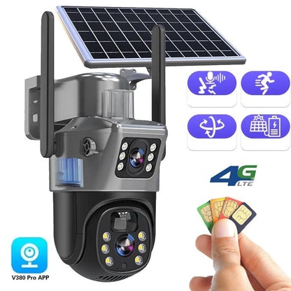 Draadloze 4K Beveiligingscamera met Zonnepaneel Dual-Lens 10x Zoom 360° Draaibaar WiFi 4G Nachtzicht Bewegingsdetectie Waterdicht IP66 Buiten Security Camera Tuinbeveiliging