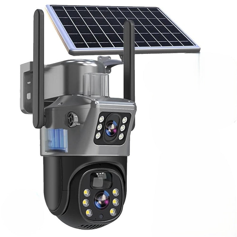Draadloze 4K Beveiligingscamera met Zonnepaneel Dual-Lens 10x Zoom 360° Draaibaar WiFi 4G Nachtzicht Bewegingsdetectie Waterdicht IP66 Buiten Security Camera Tuinbeveiliging