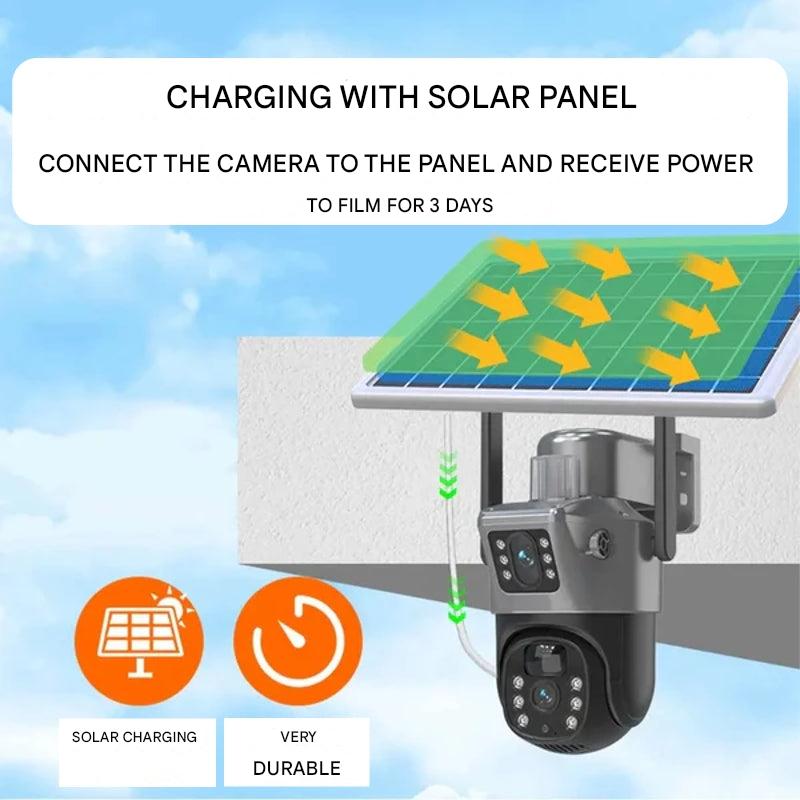 Draadloze 4K Beveiligingscamera met Zonnepaneel Dual-Lens 10x Zoom 360° Draaibaar WiFi 4G Nachtzicht Bewegingsdetectie Waterdicht IP66 Buiten Security Camera Tuinbeveiliging