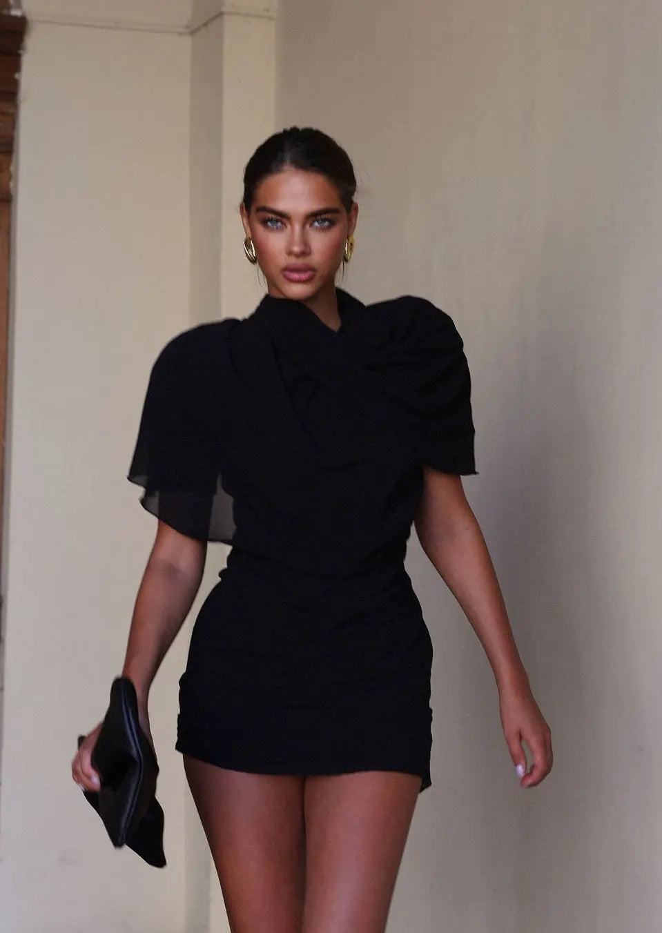 Korte Zwarte Minirok Hoge Taille Drapé Stijl - StudioMarella