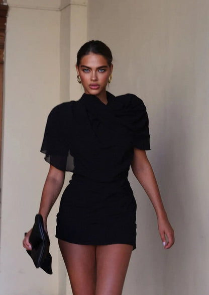 Korte Zwarte Minirok Hoge Taille Drapé Stijl - StudioMarella