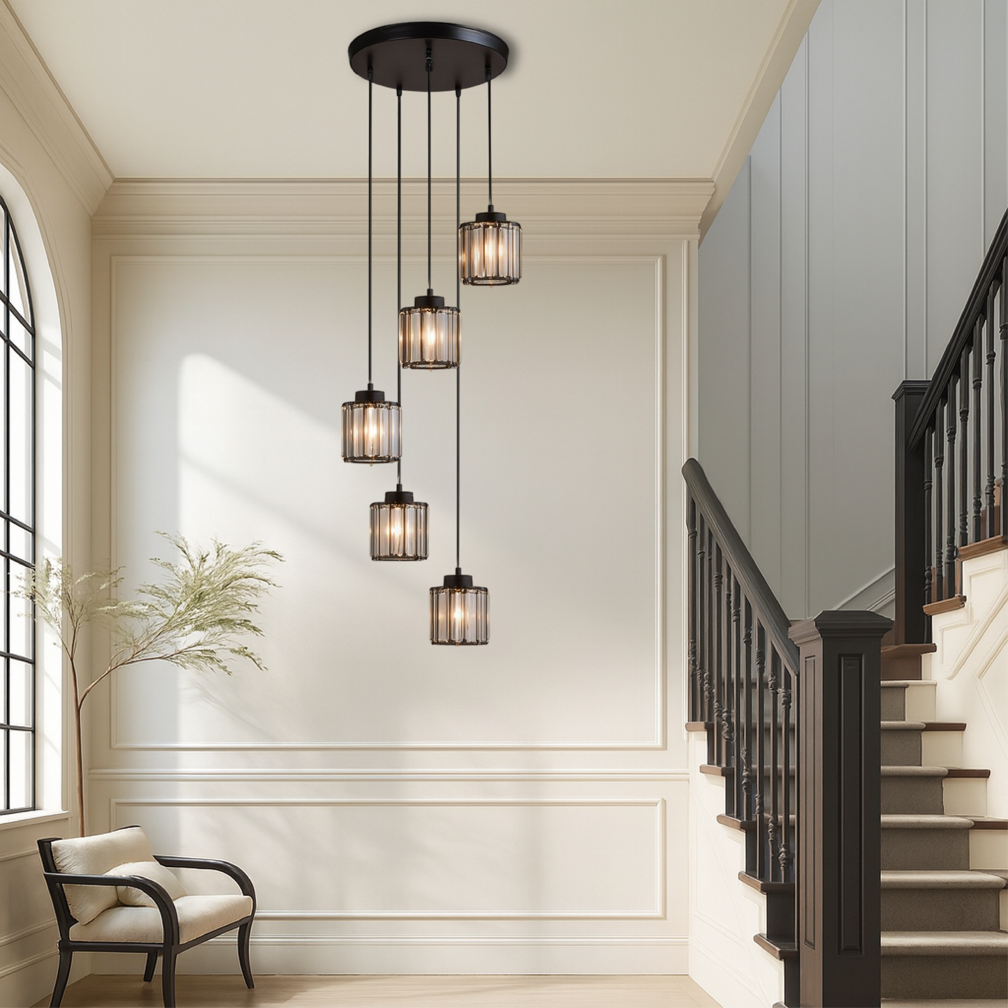 Ida kristallen trappenkroonluchter glas metaal zwart trap verlichting foyer hanglamp modern kristal lamp hoog plafond