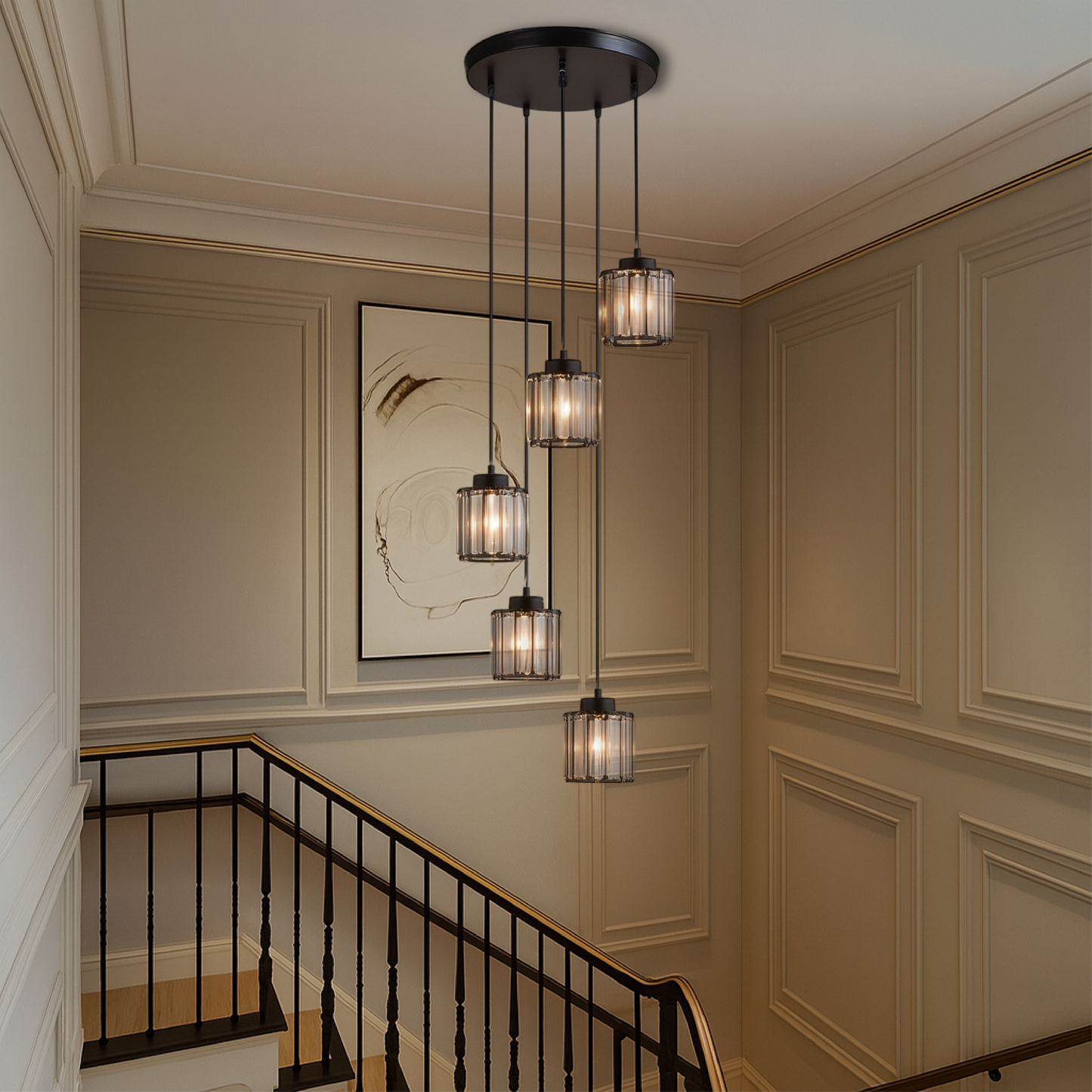 Ida kristallen trappenkroonluchter glas metaal zwart trap verlichting foyer hanglamp modern kristal lamp hoog plafond