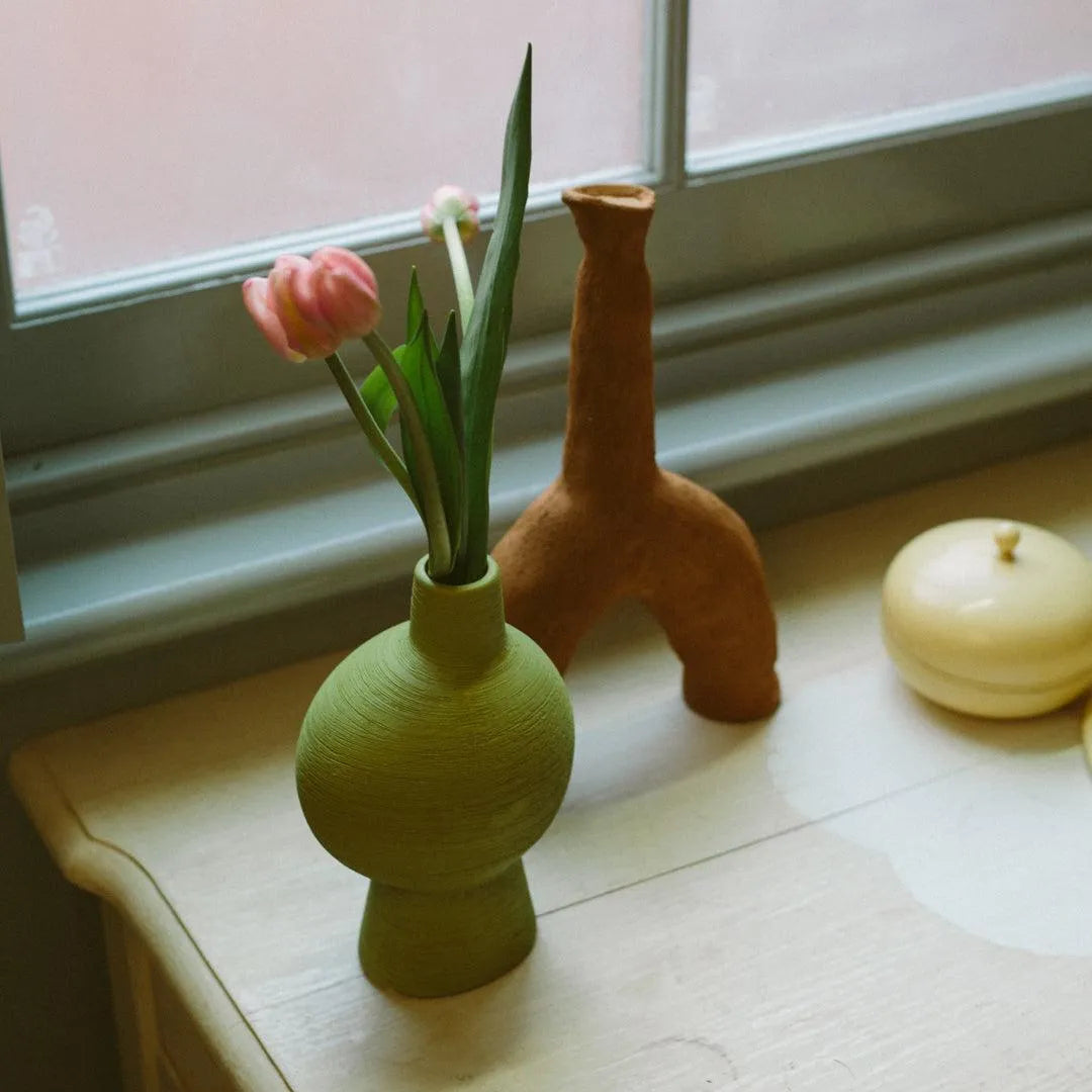 Vaas Keramiek Organisch Groen Smaragd Matcha Olijf Sculptuur Woonkamer Bloemenvaas