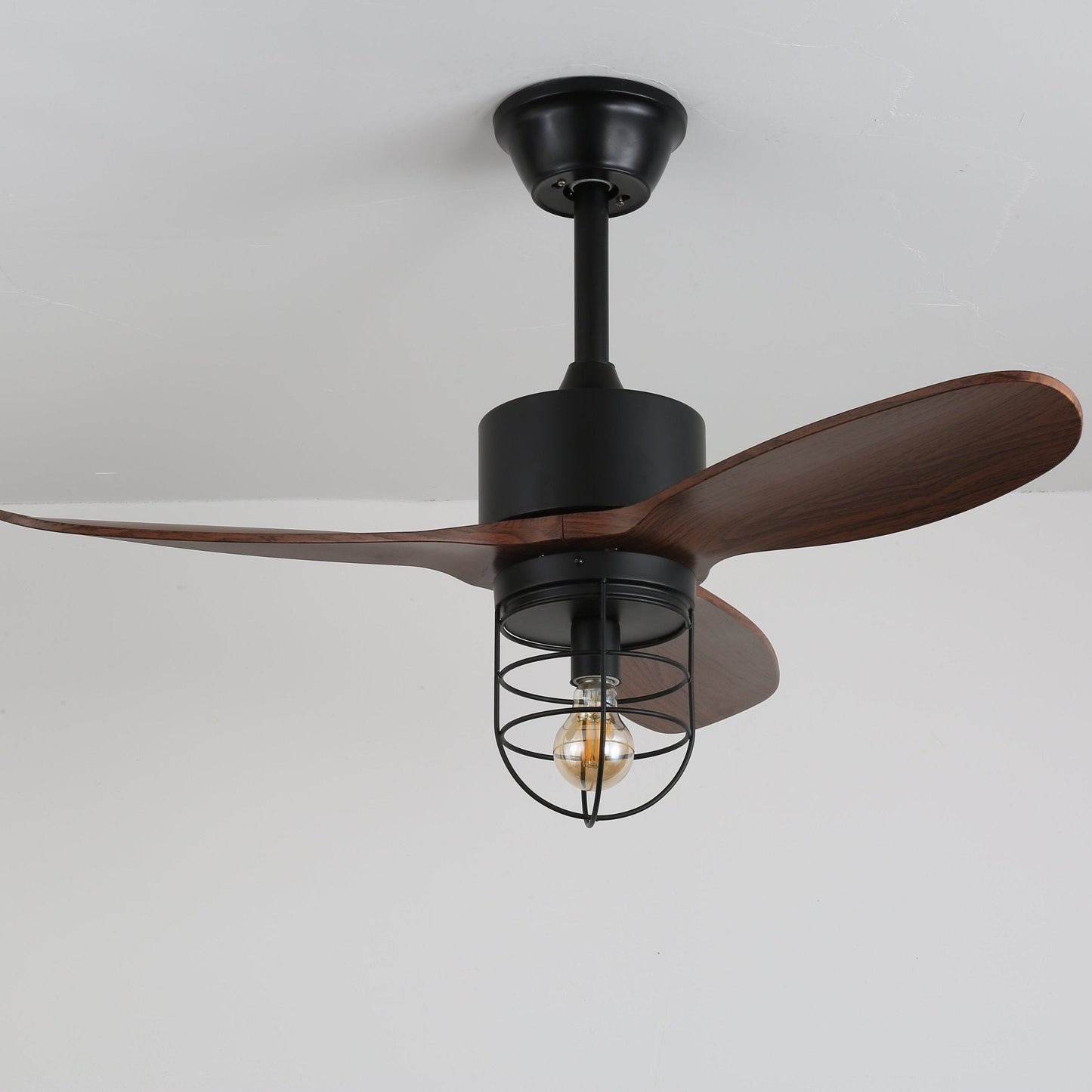 Industriële Plafondventilator met Verlichting Ø91cm – Metalen Frame – Glazen Kap – 6 Snelheden – Afstandsbediening – AC 110-240V – Walnoot & Zwart