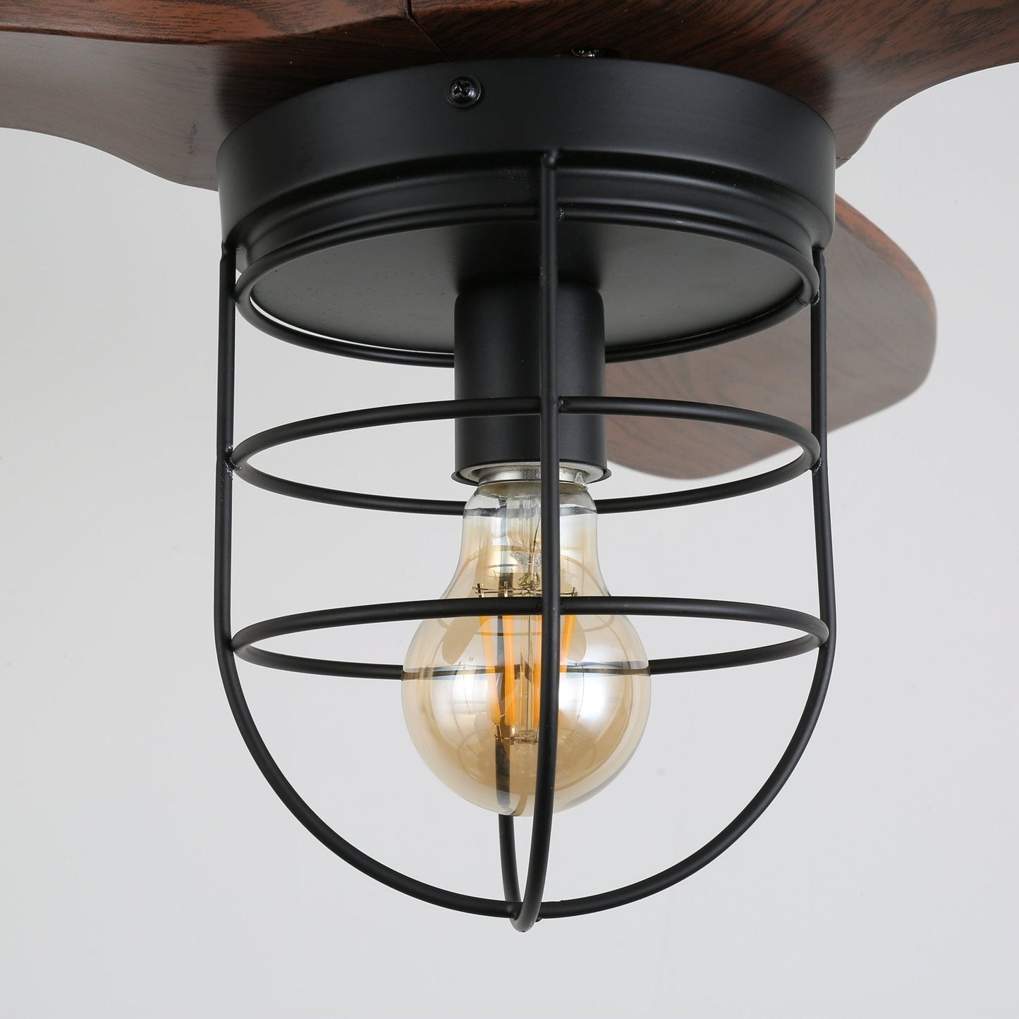 Industriële Plafondventilator met Verlichting Ø91cm – Metalen Frame – Glazen Kap – 6 Snelheden – Afstandsbediening – AC 110-240V – Walnoot & Zwart
