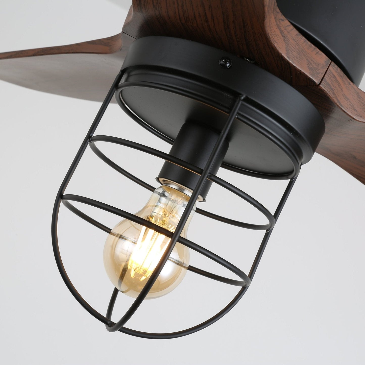 Industriële Plafondventilator met Verlichting Ø91cm – Metalen Frame – Glazen Kap – 6 Snelheden – Afstandsbediening – AC 110-240V – Walnoot & Zwart