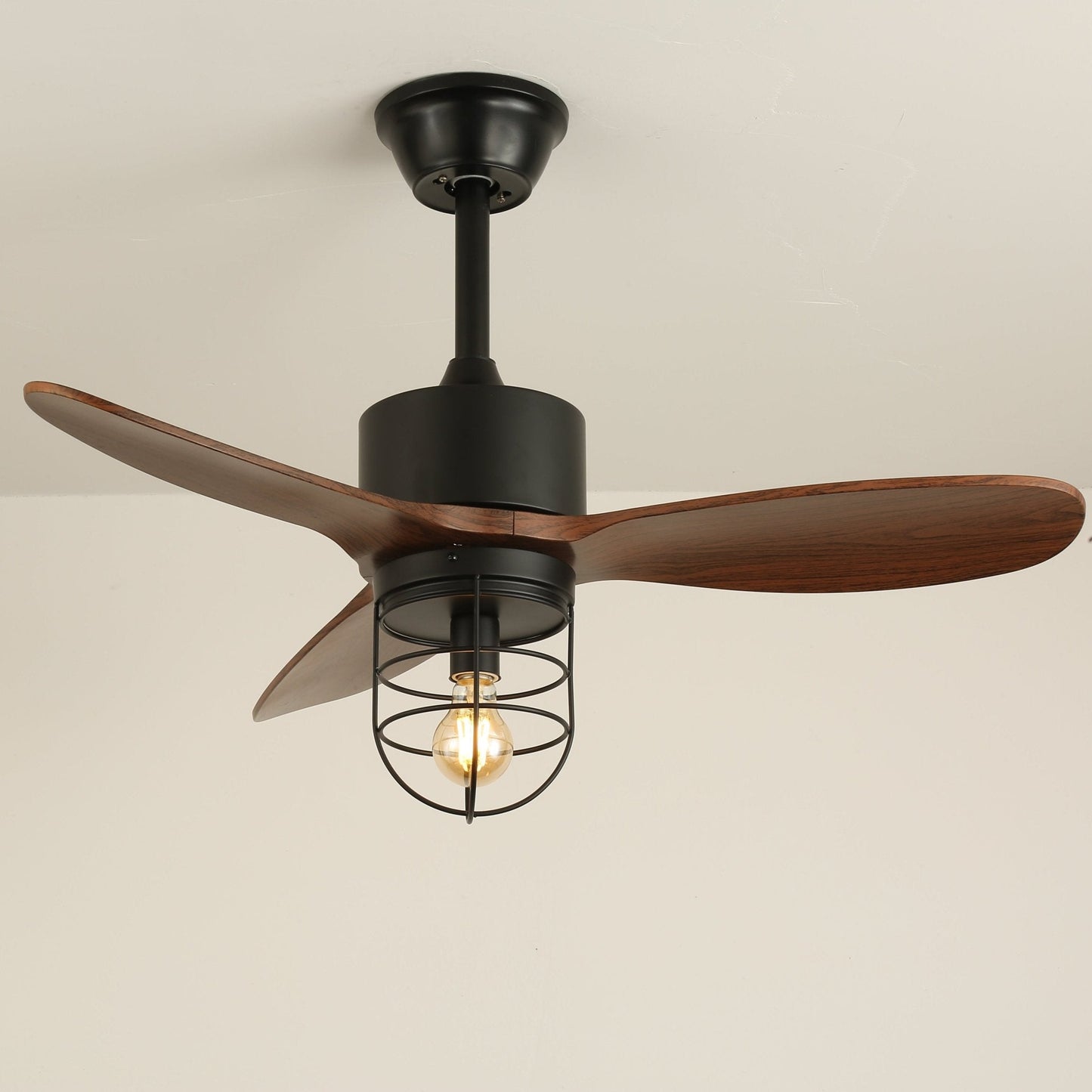 Industriële Plafondventilator met Verlichting Ø91cm – Metalen Frame – Glazen Kap – 6 Snelheden – Afstandsbediening – AC 110-240V – Walnoot & Zwart