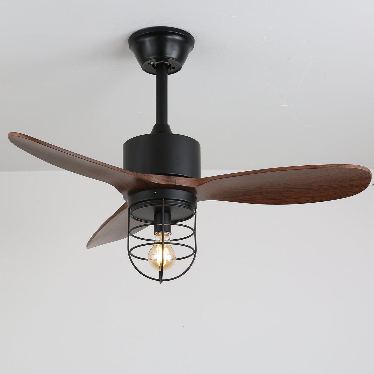 Industriële Plafondventilator met Verlichting Ø91cm – Metalen Frame – Glazen Kap – 6 Snelheden – Afstandsbediening – AC 110-240V – Walnoot & Zwart