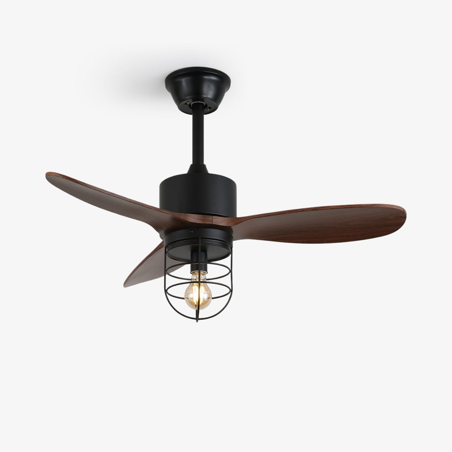 Industriële Plafondventilator met Verlichting Ø91cm – Metalen Frame – Glazen Kap – 6 Snelheden – Afstandsbediening – AC 110-240V – Walnoot & Zwart