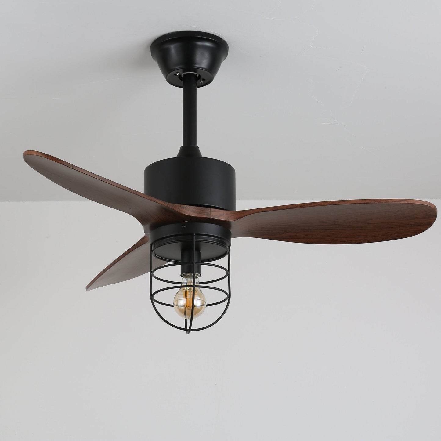 Industriële Plafondventilator met Verlichting Ø91cm – Metalen Frame – Glazen Kap – 6 Snelheden – Afstandsbediening – AC 110-240V – Walnoot & Zwart