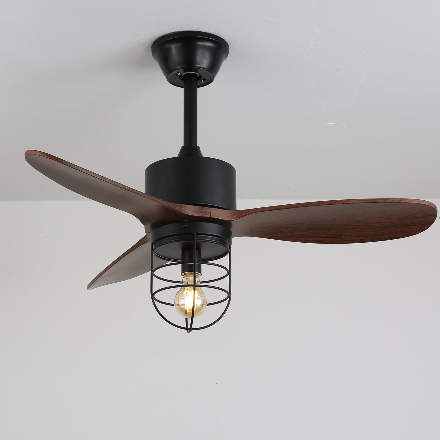 Industriële Plafondventilator met Verlichting Ø91cm – Metalen Frame – Glazen Kap – 6 Snelheden – Afstandsbediening – AC 110-240V – Walnoot & Zwart