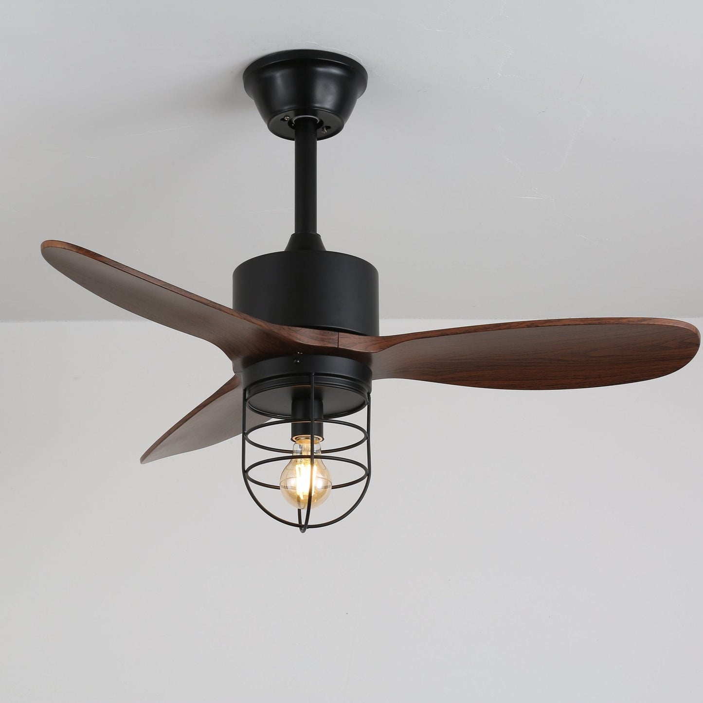 Industriële Plafondventilator met Verlichting Ø91cm – Metalen Frame – Glazen Kap – 6 Snelheden – Afstandsbediening – AC 110-240V – Walnoot & Zwart
