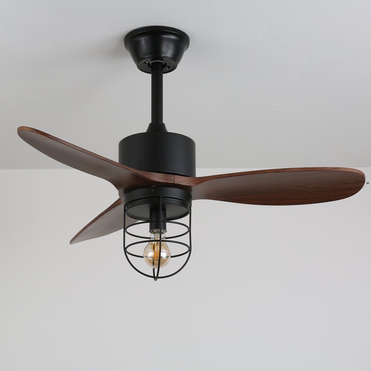 Industriële Plafondventilator met Verlichting Ø91cm – Metalen Frame – Glazen Kap – 6 Snelheden – Afstandsbediening – AC 110-240V – Walnoot & Zwart