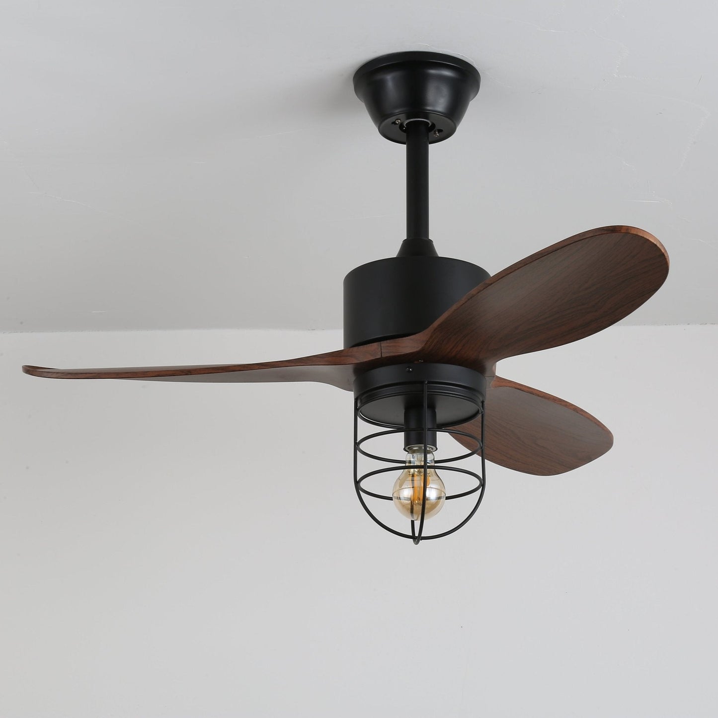 Industriële Plafondventilator met Verlichting Ø91cm – Metalen Frame – Glazen Kap – 6 Snelheden – Afstandsbediening – AC 110-240V – Walnoot & Zwart