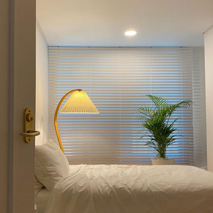 Boog Vloerlamp Beukenhouten Linnen Kap Retro Woonkamer