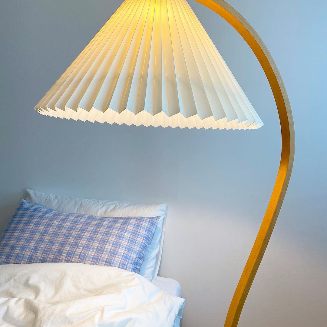 Boog Vloerlamp Beukenhouten Linnen Kap Retro Woonkamer