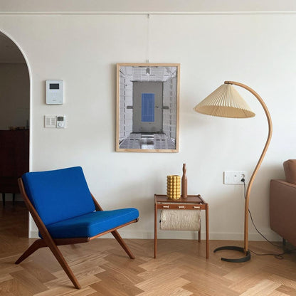 Boog Vloerlamp Beukenhouten Linnen Kap Retro Woonkamer