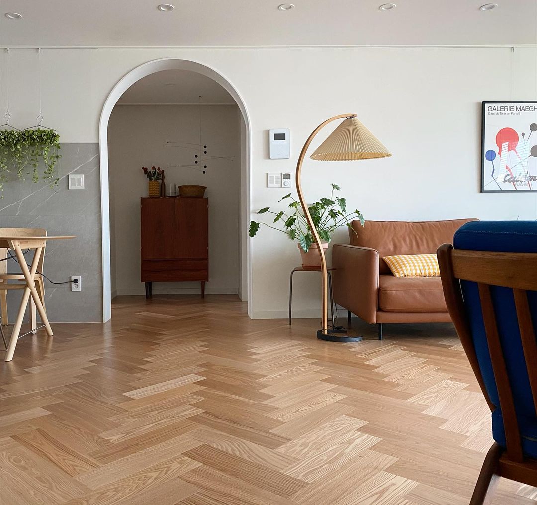 Boog Vloerlamp Beukenhouten Linnen Kap Retro Woonkamer