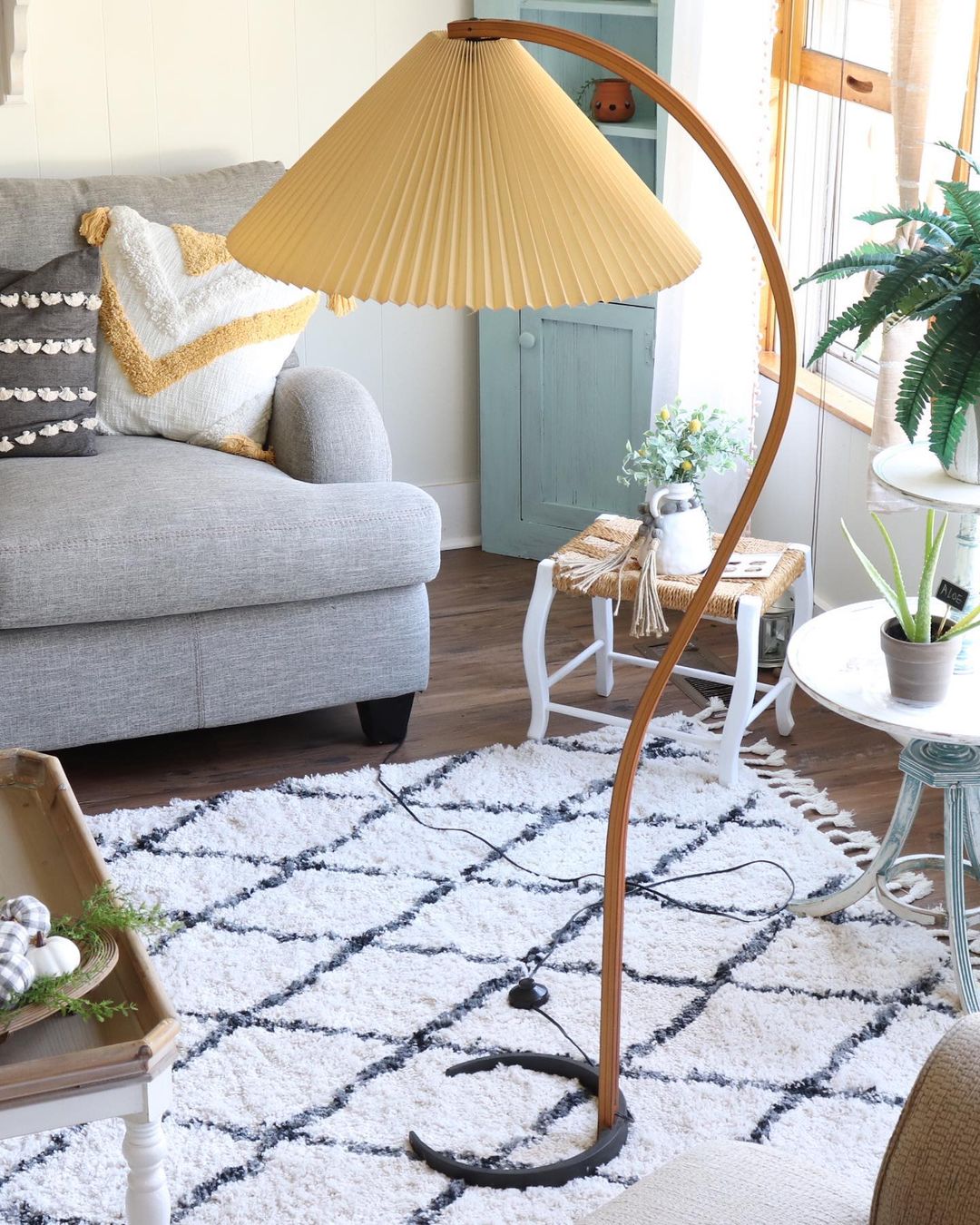 Boog Vloerlamp Beukenhouten Linnen Kap Retro Woonkamer
