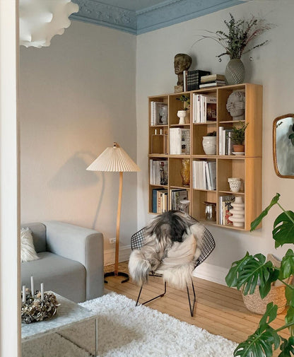 Boog Vloerlamp Beukenhouten Linnen Kap Retro Woonkamer