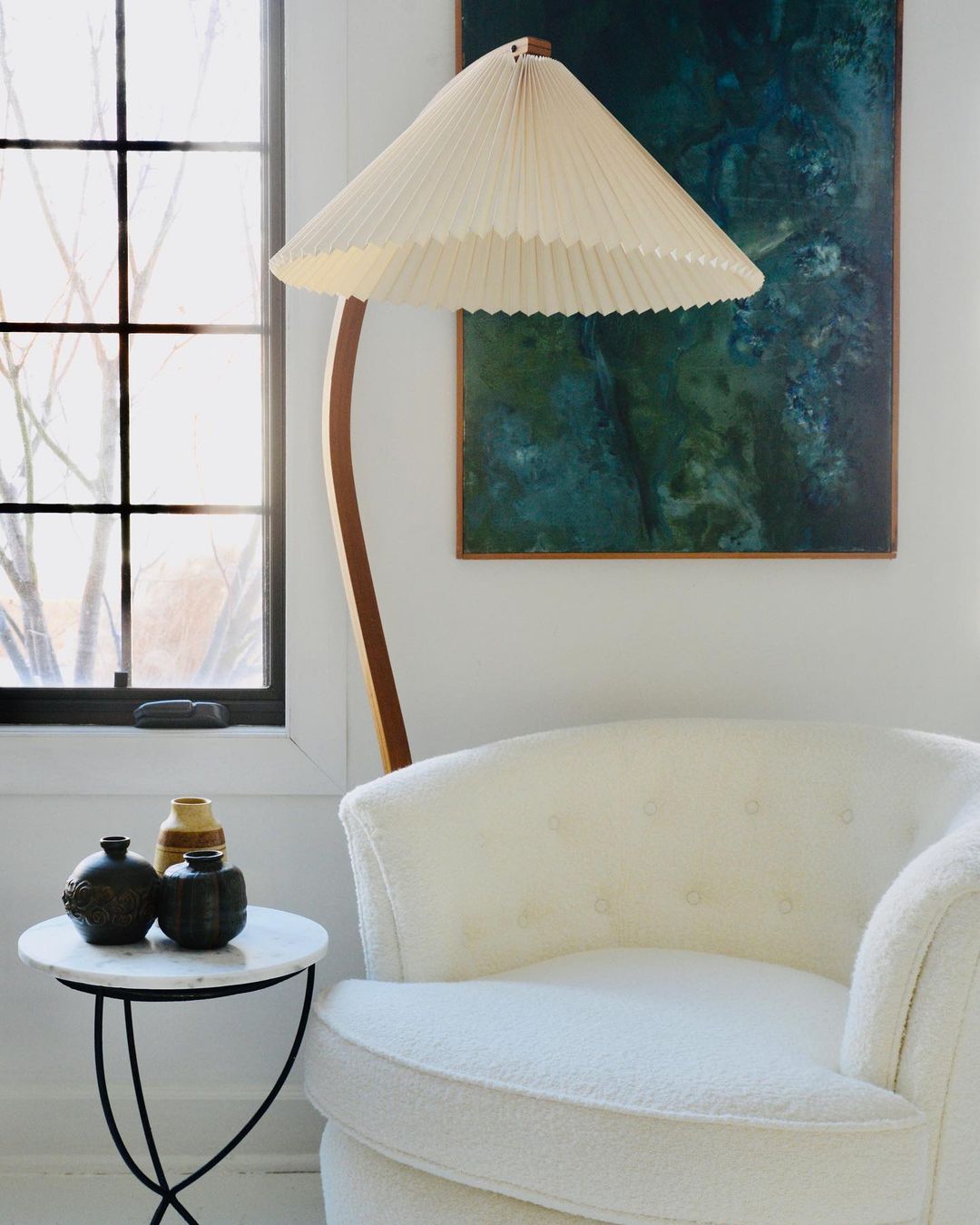 Boog Vloerlamp Beukenhouten Linnen Kap Retro Woonkamer