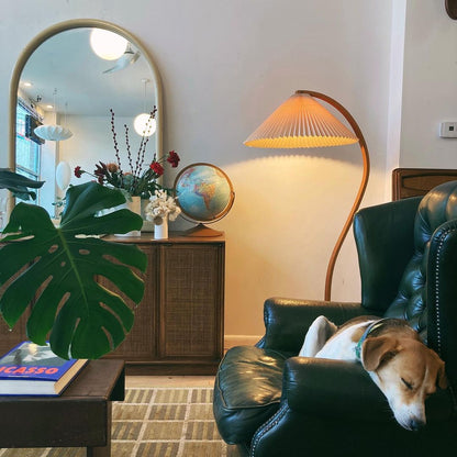 Boog Vloerlamp Beukenhouten Linnen Kap Retro Woonkamer