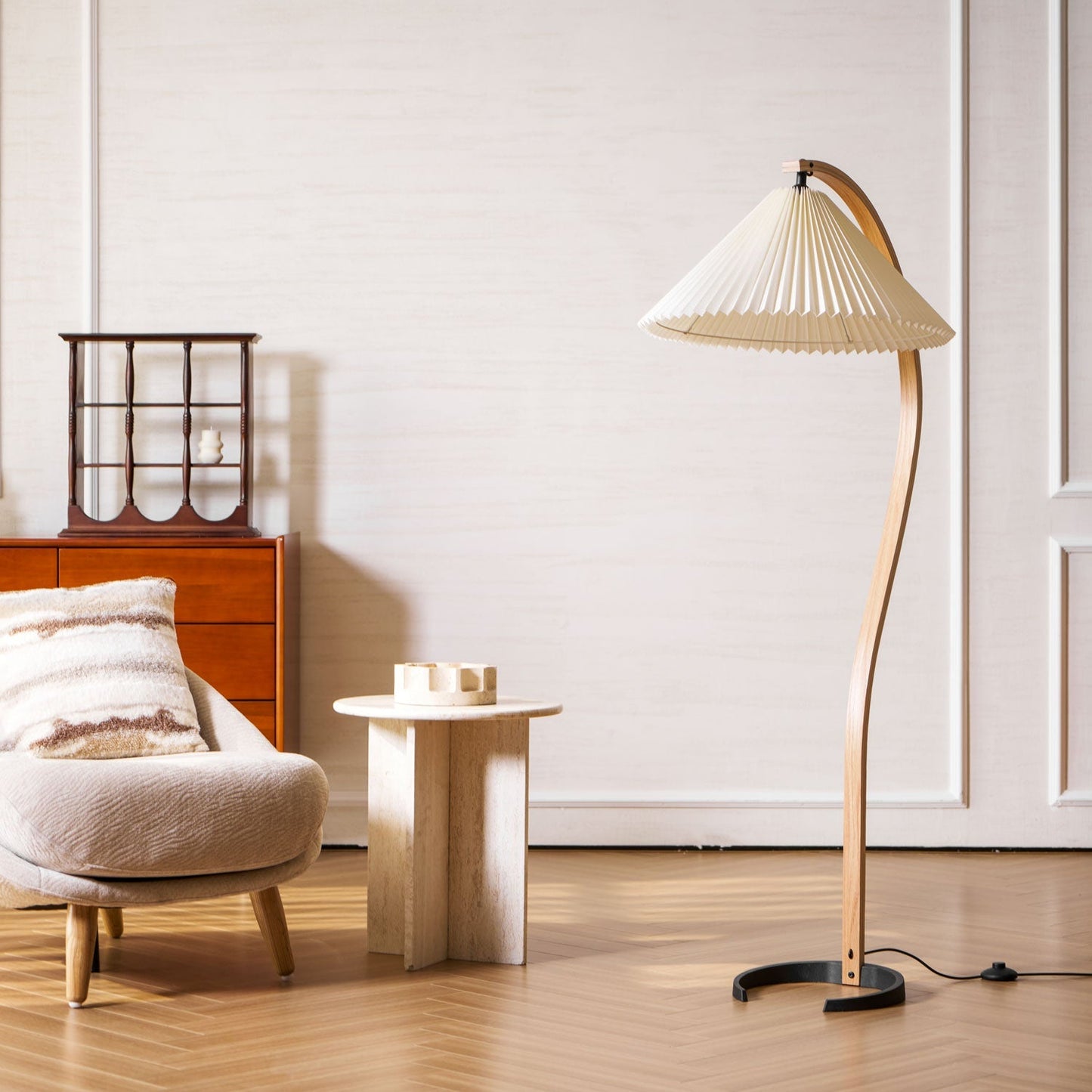 Boog Vloerlamp Beukenhouten Linnen Kap Retro Woonkamer