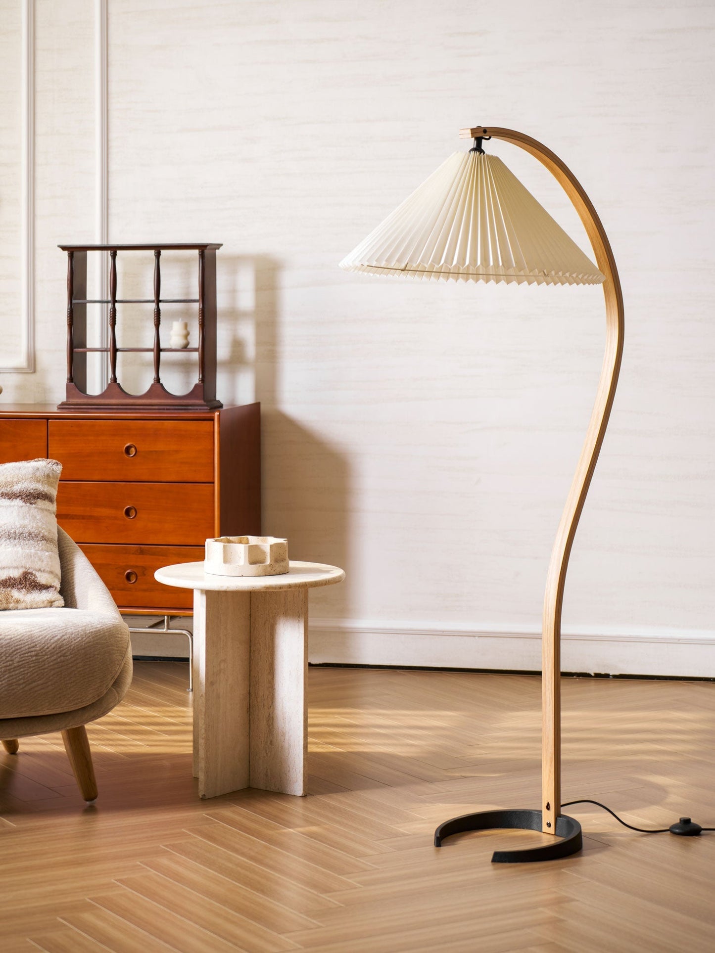 Boog Vloerlamp Beukenhouten Linnen Kap Retro Woonkamer