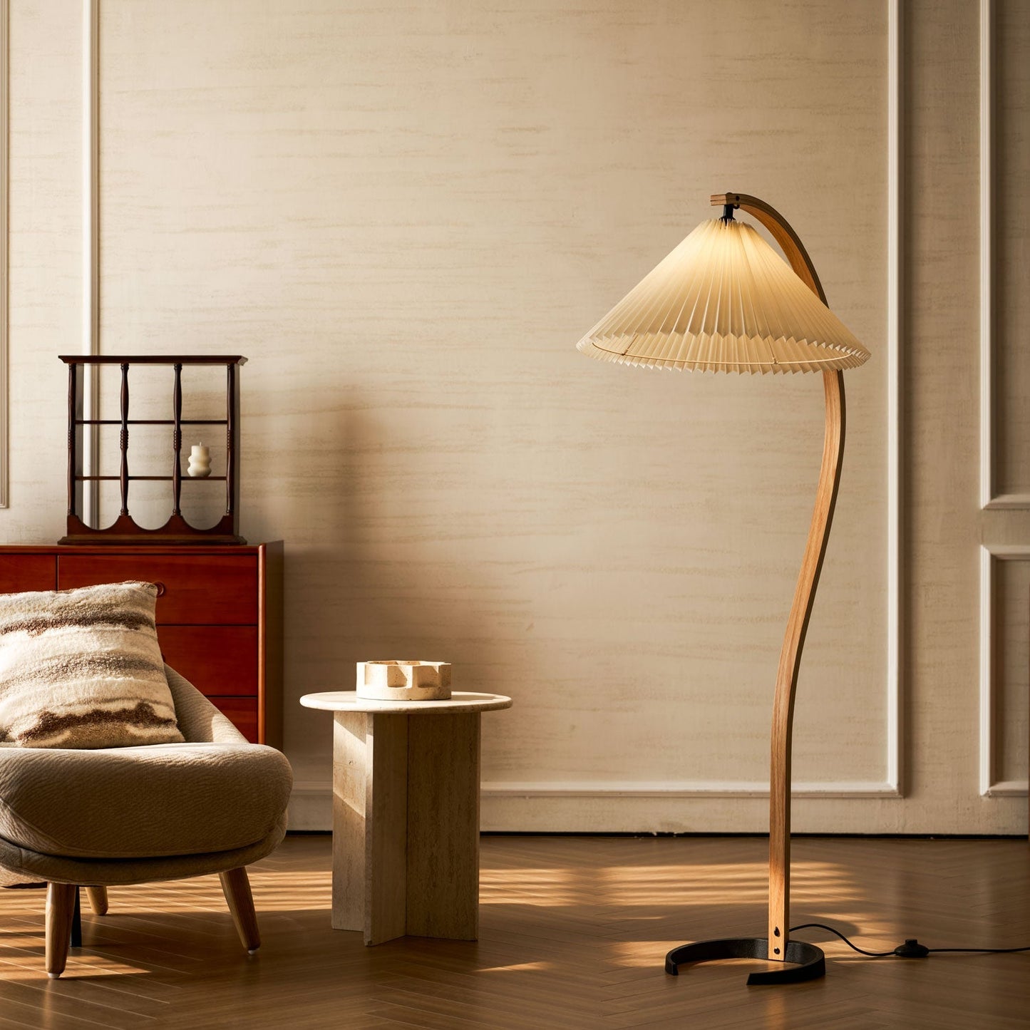 Boog Vloerlamp Beukenhouten Linnen Kap Retro Woonkamer