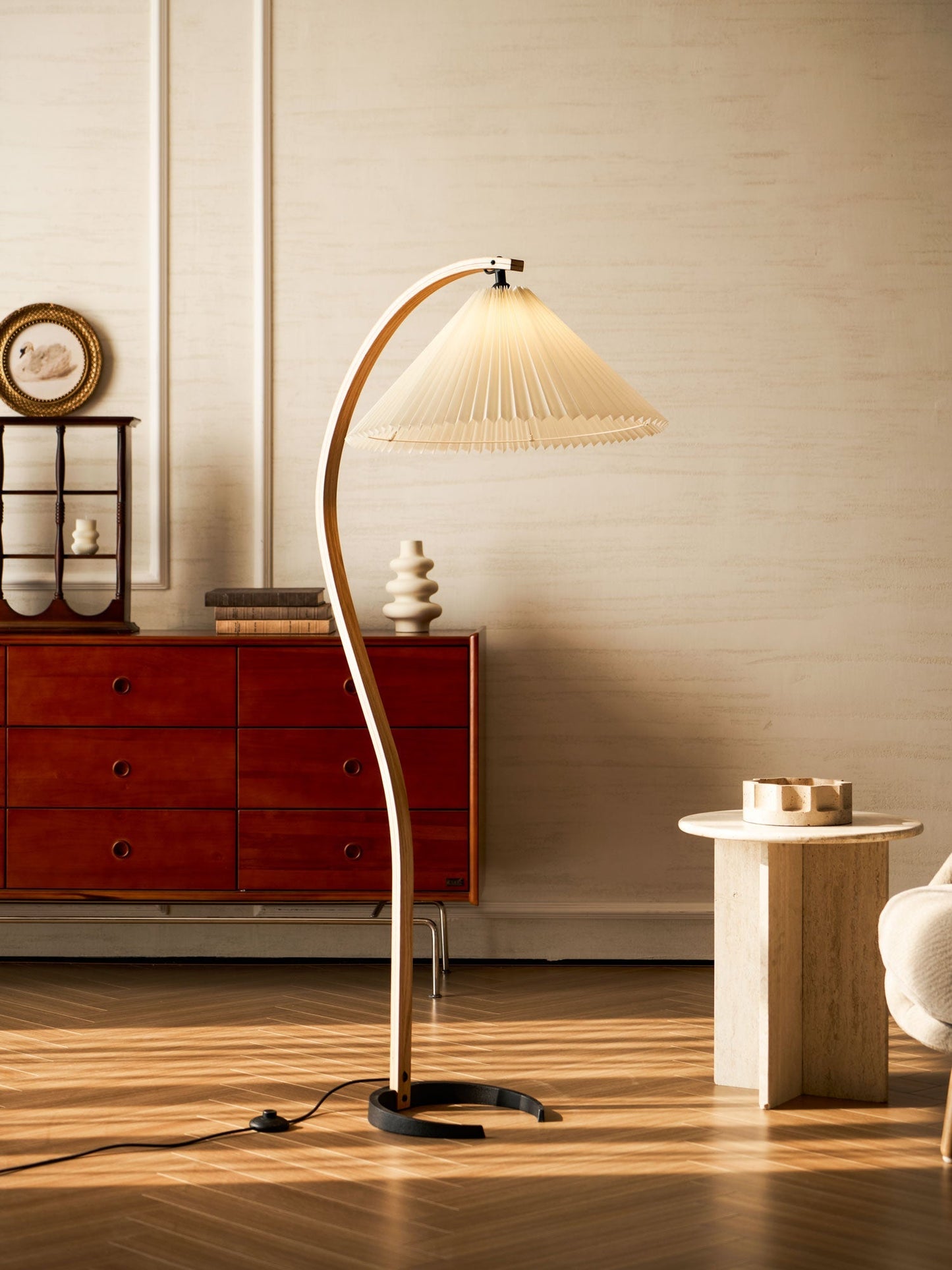 Boog Vloerlamp Beukenhouten Linnen Kap Retro Woonkamer
