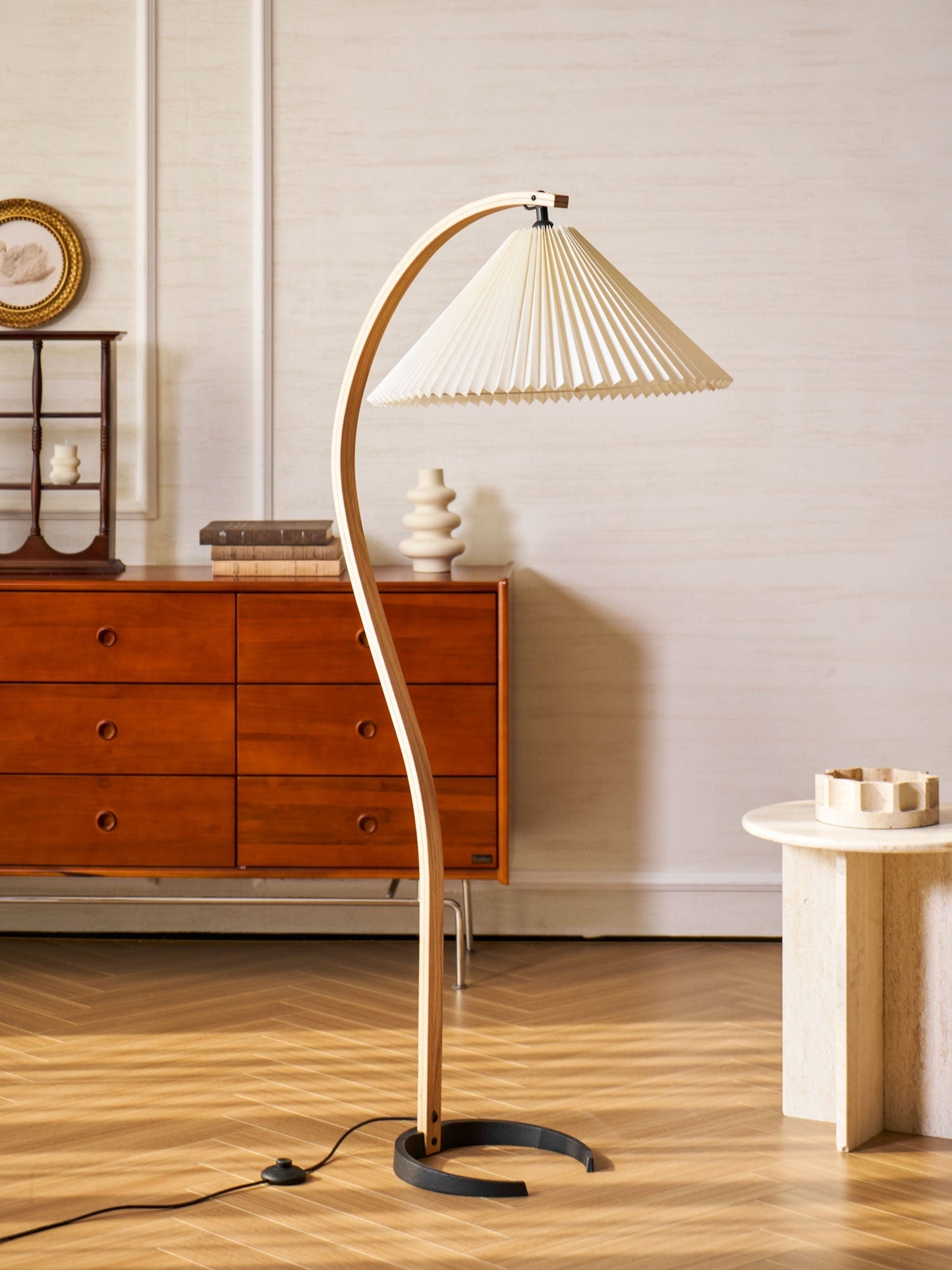 Boog Vloerlamp Beukenhouten Linnen Kap Retro Woonkamer
