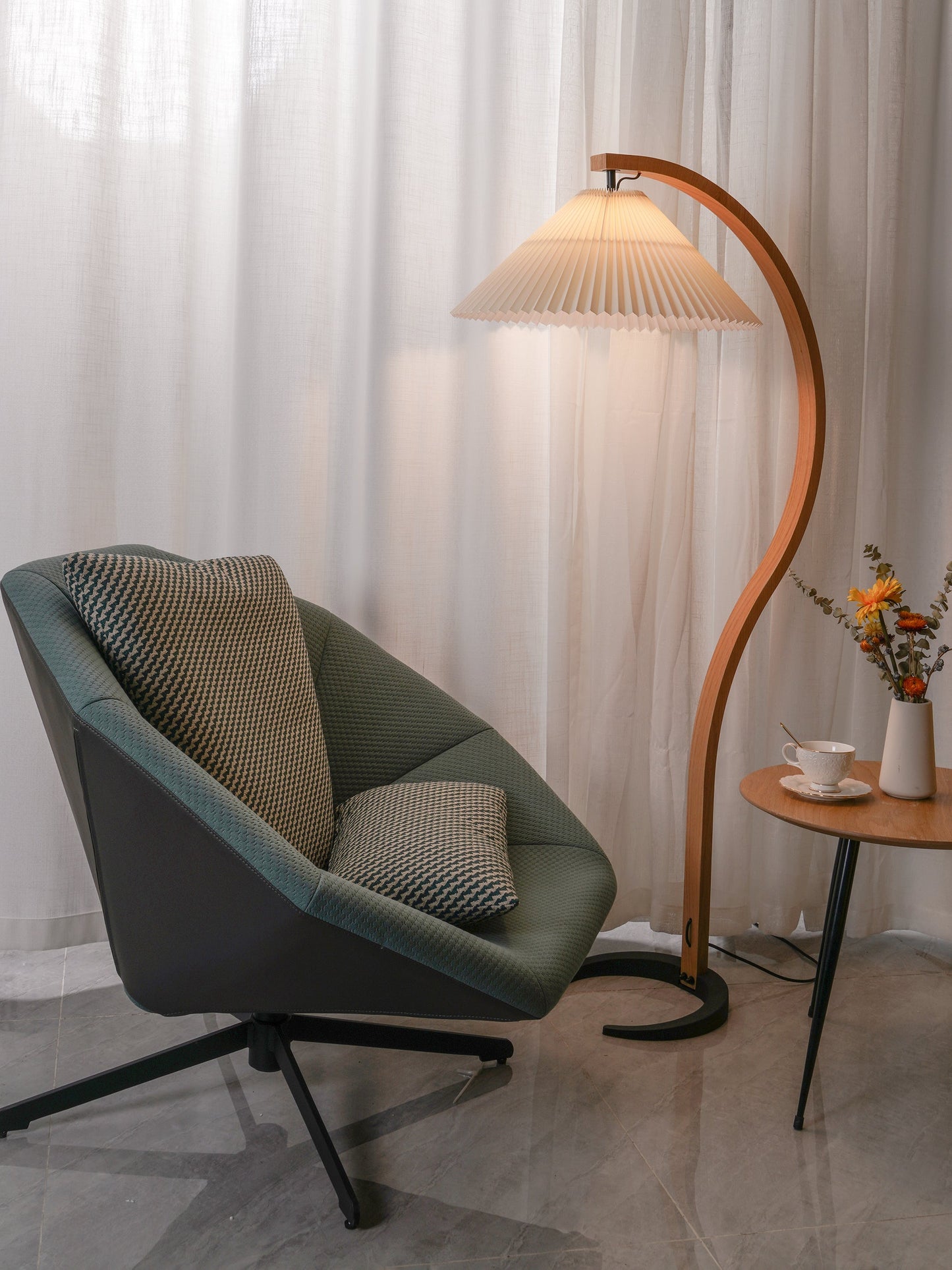 Boog Vloerlamp Beukenhouten Linnen Kap Retro Woonkamer